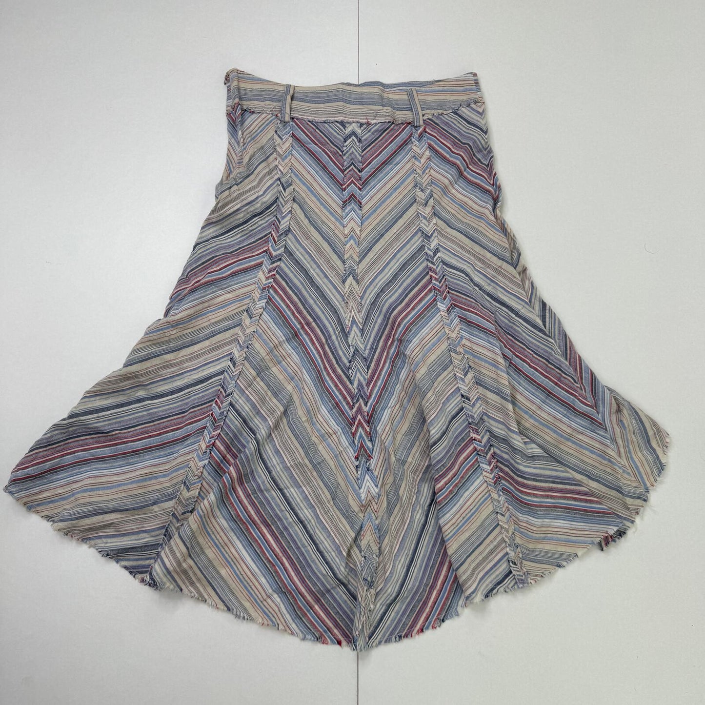 Y2K vintage maxi skirt stripe chevron a line curved asymmetrical hem fraying hem