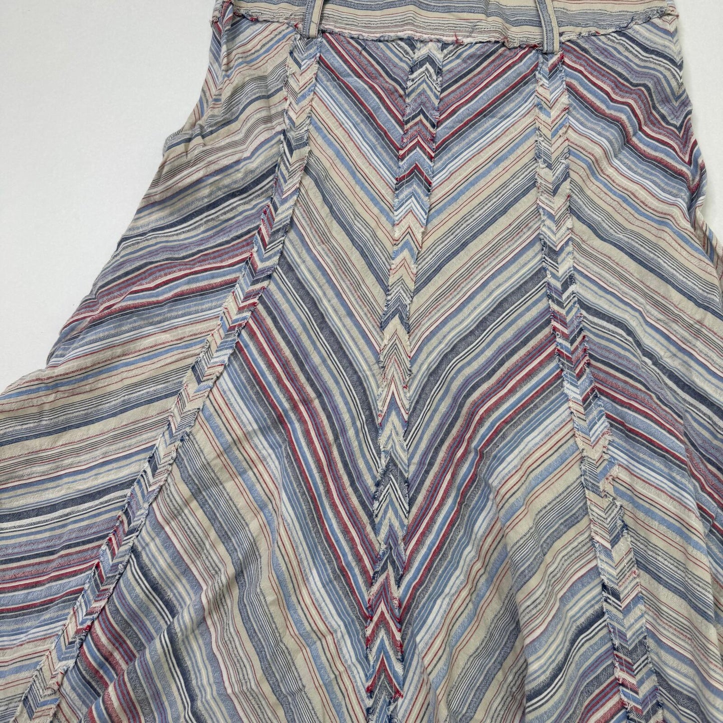 Y2K vintage maxi skirt stripe chevron a line curved asymmetrical hem fraying hem