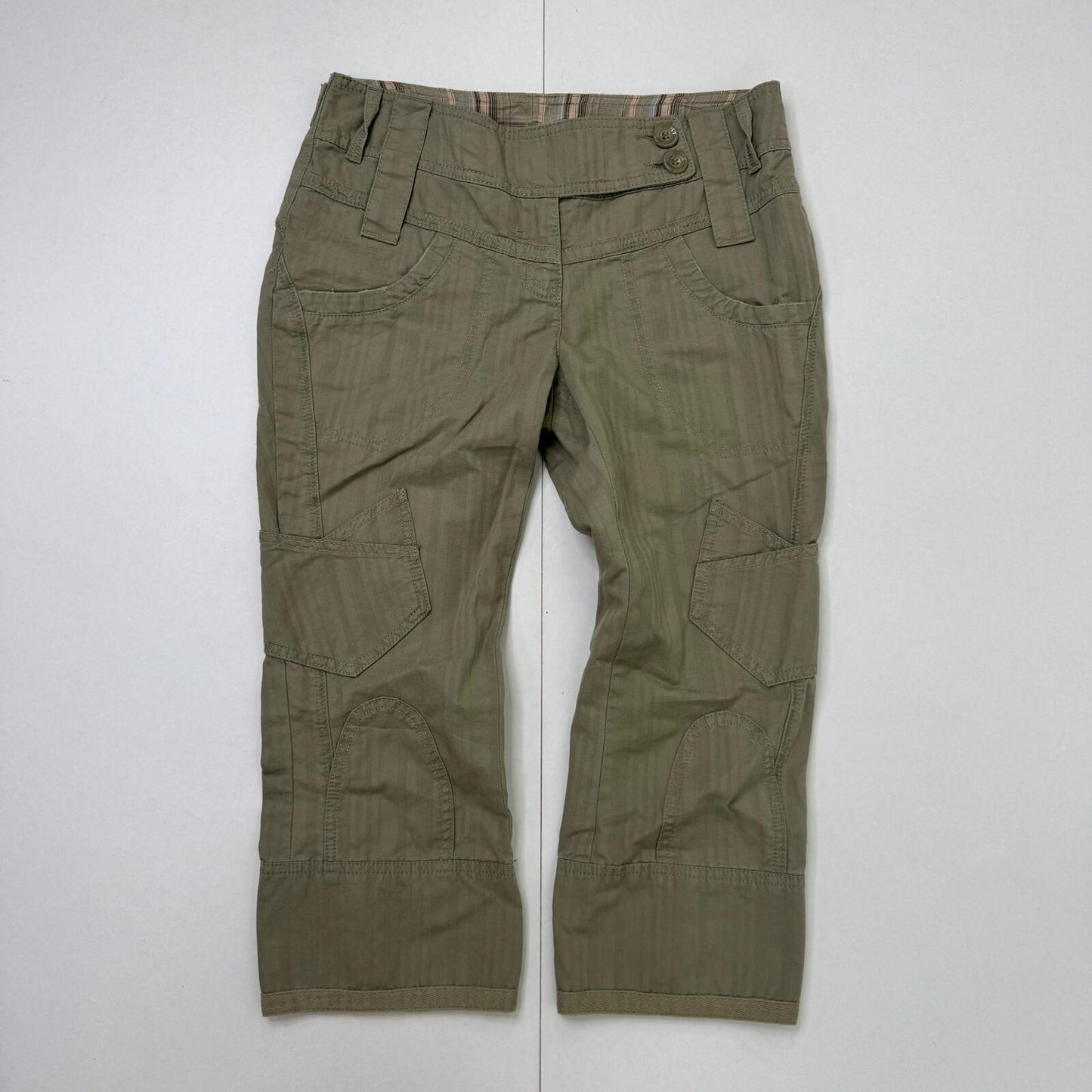 Y2K vintage capri trousers cropped pinstripe buttons khaki cargo pockets denim