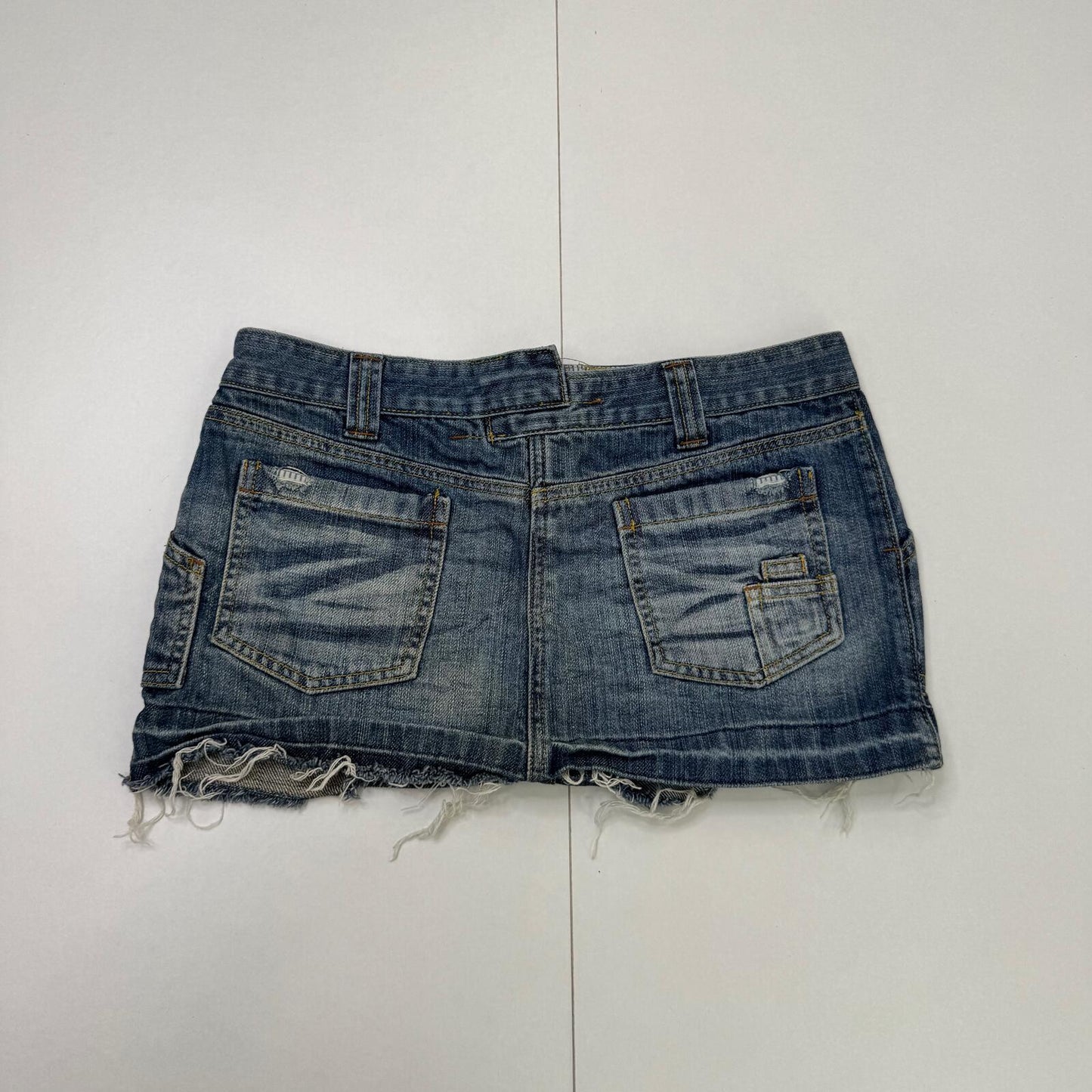 Y2K vintage low rise mini skirt micro faded blue denim wash fraying hem utility