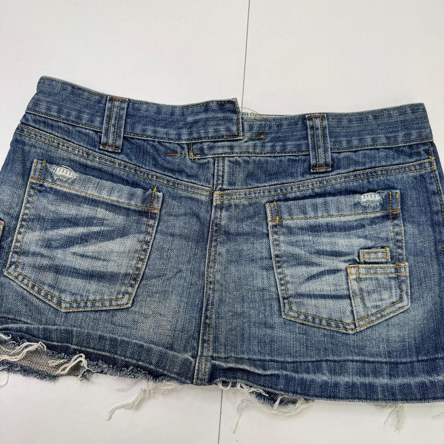 Y2K vintage low rise mini skirt micro faded blue denim wash fraying hem utility