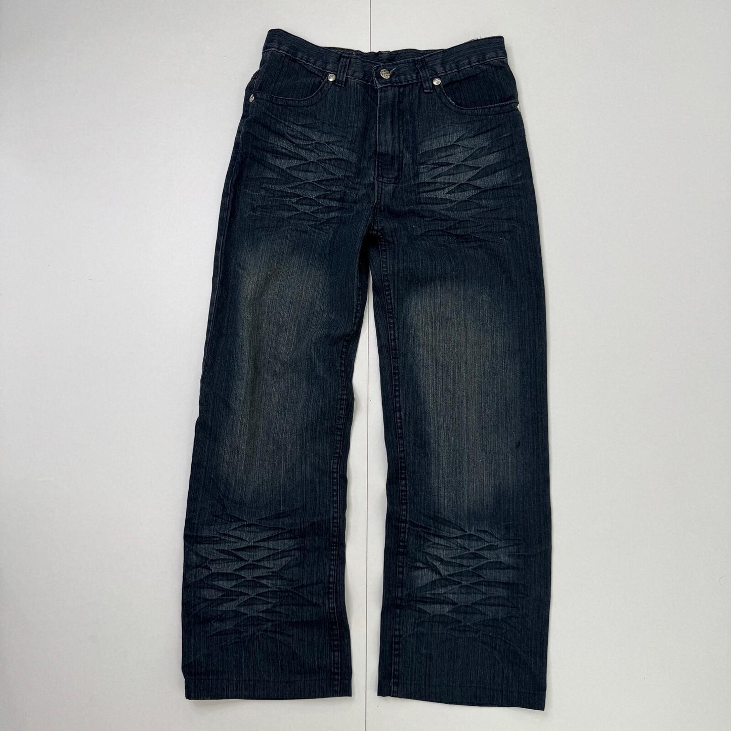 Y2K vintage baggy denim jeans embroidered crown cargo pockets faded blue wash