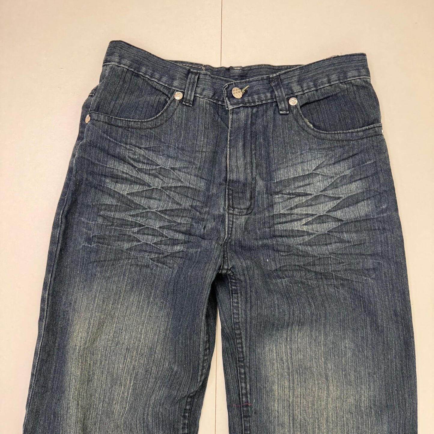 Y2K vintage baggy denim jeans embroidered crown cargo pockets faded blue wash