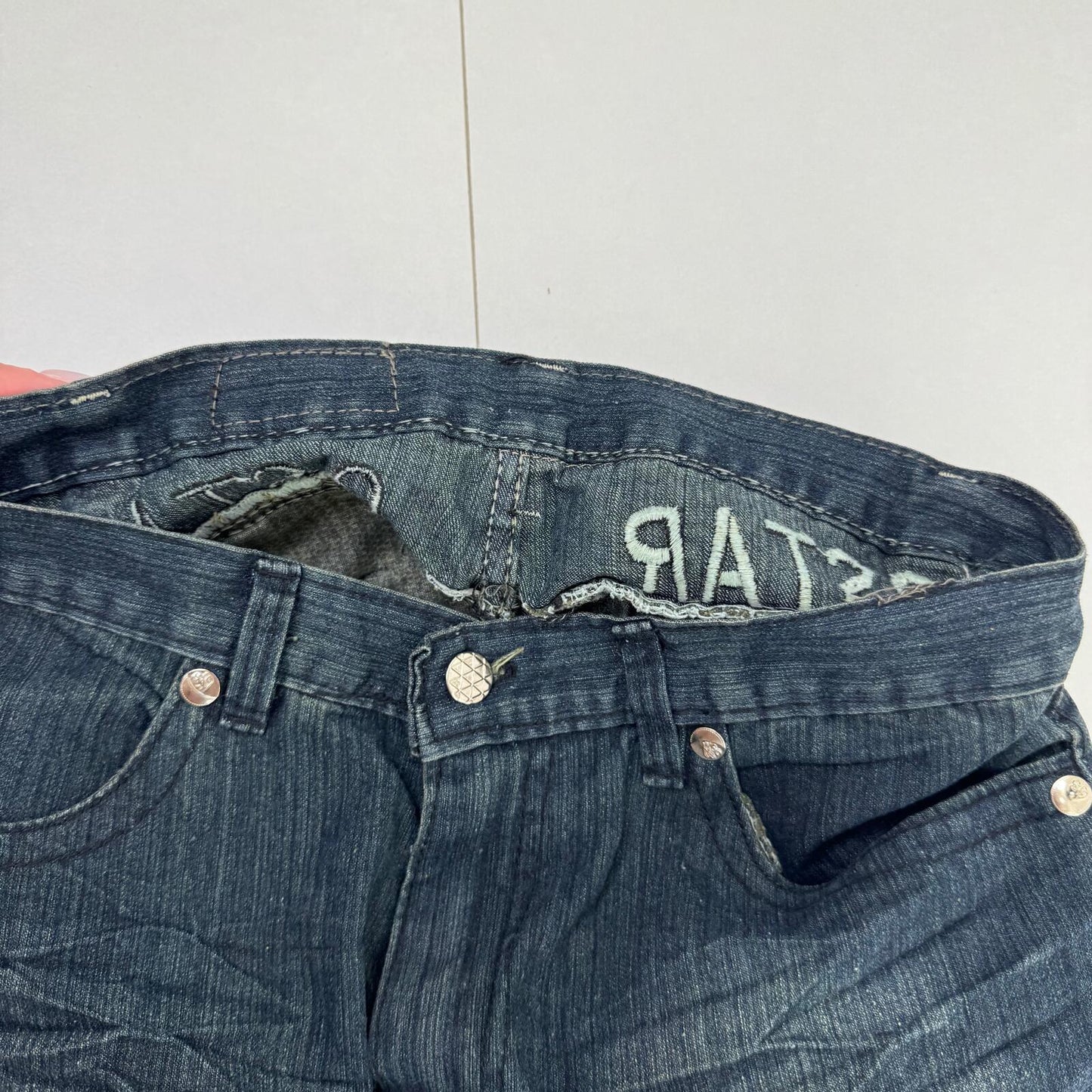 Y2K vintage baggy denim jeans embroidered crown cargo pockets faded blue wash