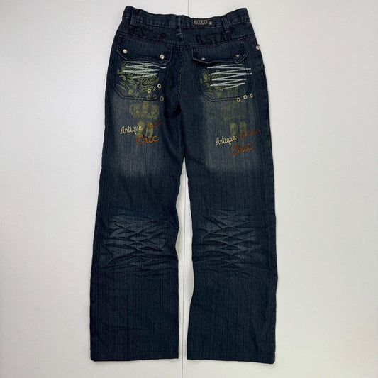 Y2K vintage baggy denim jeans embroidered crown cargo pockets faded blue wash