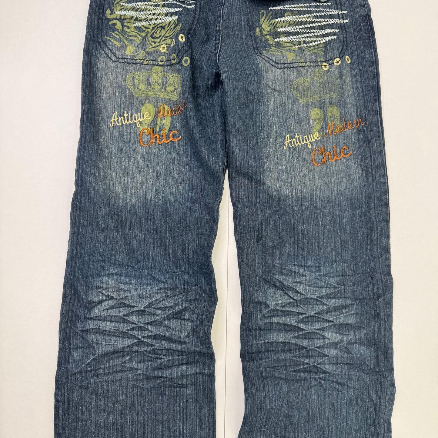 Y2K vintage baggy denim jeans embroidered crown cargo pockets faded blue wash