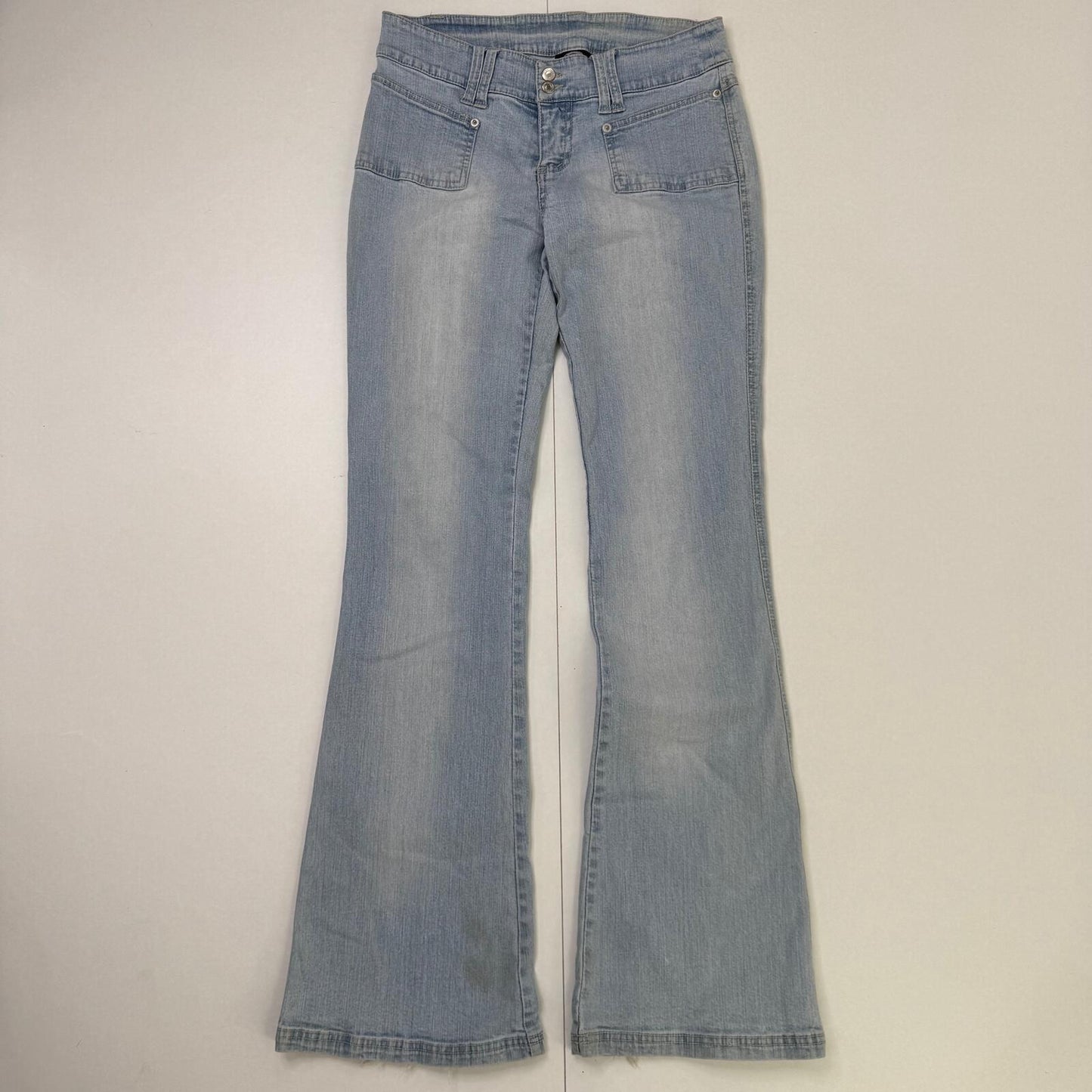 Y2K vintage bootcut denim jeans light blue faded wash stretchy embroidered
