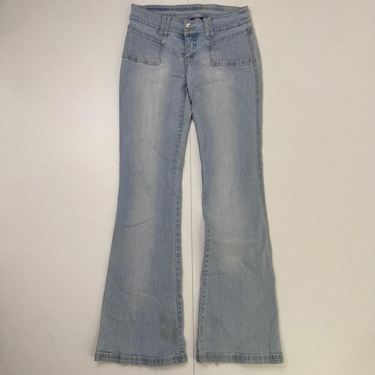 Y2K vintage bootcut denim jeans light blue faded wash stretchy embroidered
