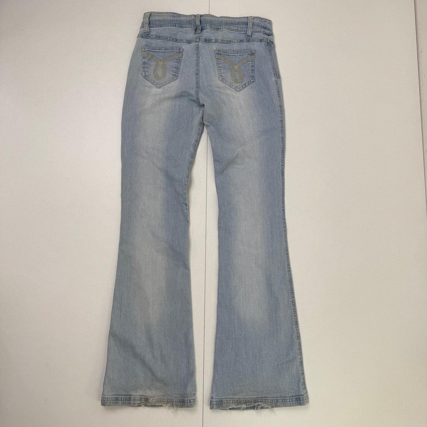 Y2K vintage bootcut denim jeans light blue faded wash stretchy embroidered