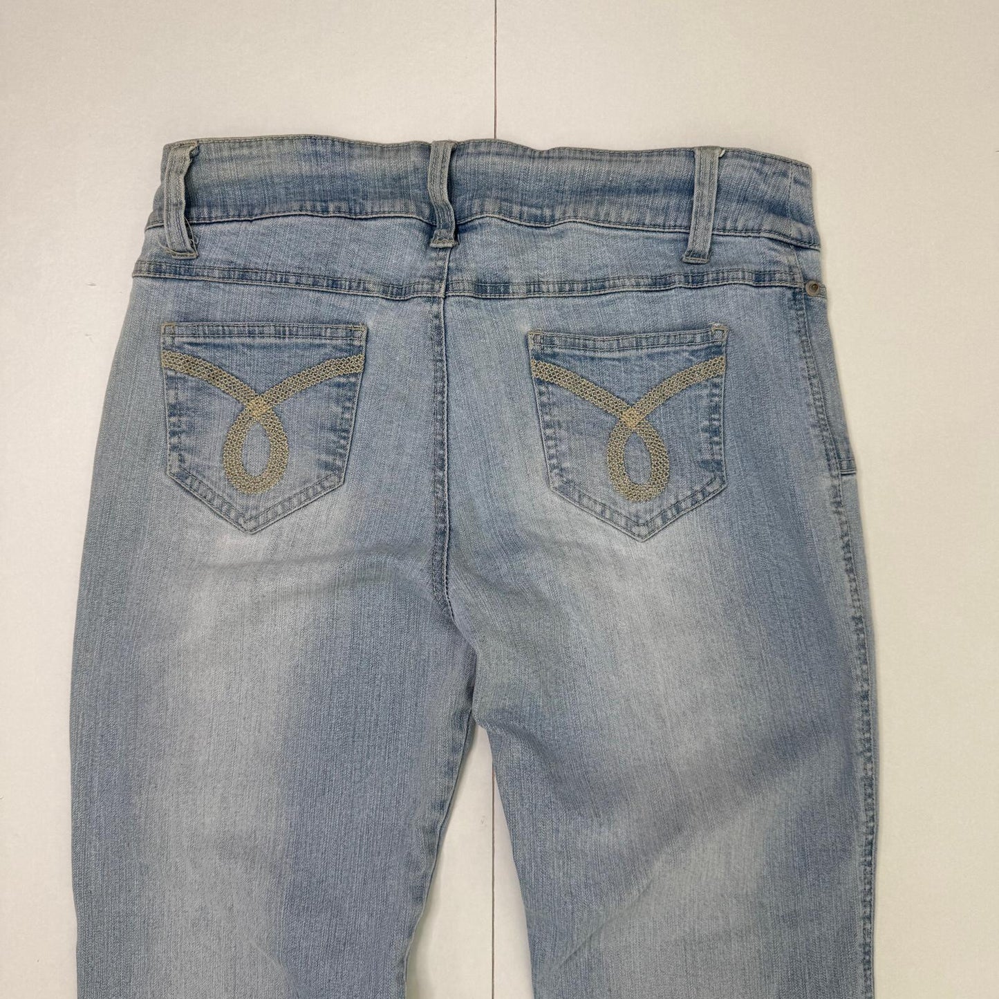 Y2K vintage bootcut denim jeans light blue faded wash stretchy embroidered