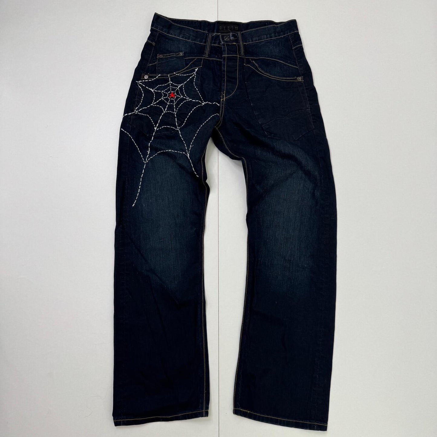 Y2K vintage bootcut jeans men's dark blue faded denim spider web embroidered