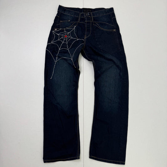 Y2K vintage bootcut jeans men's dark blue faded denim spider web embroidered