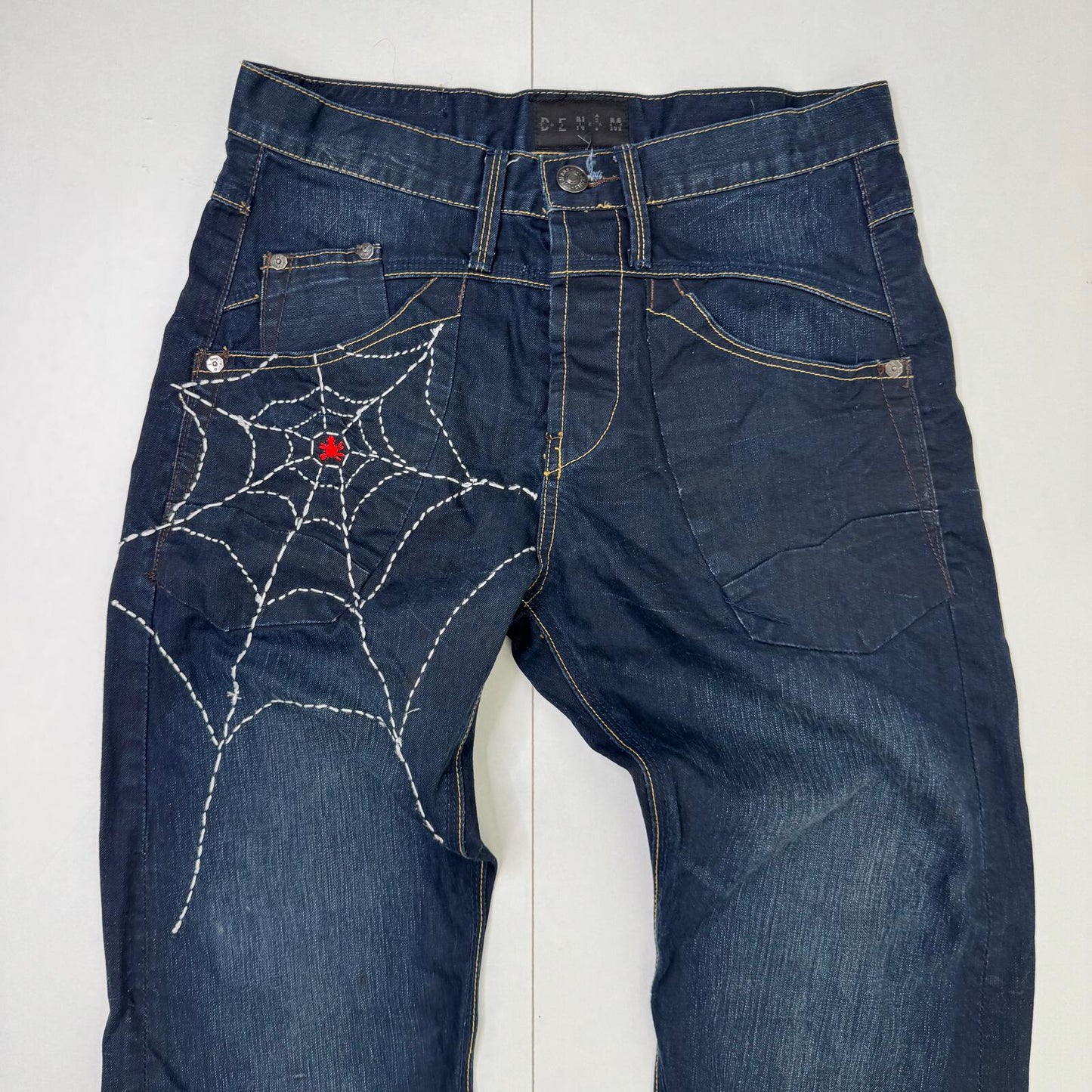 Y2K vintage bootcut jeans men's dark blue faded denim spider web embroidered
