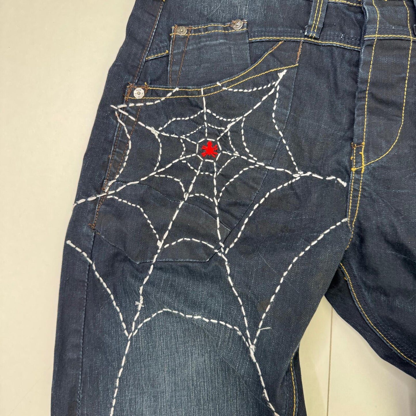 Y2K vintage bootcut jeans men's dark blue faded denim spider web embroidered