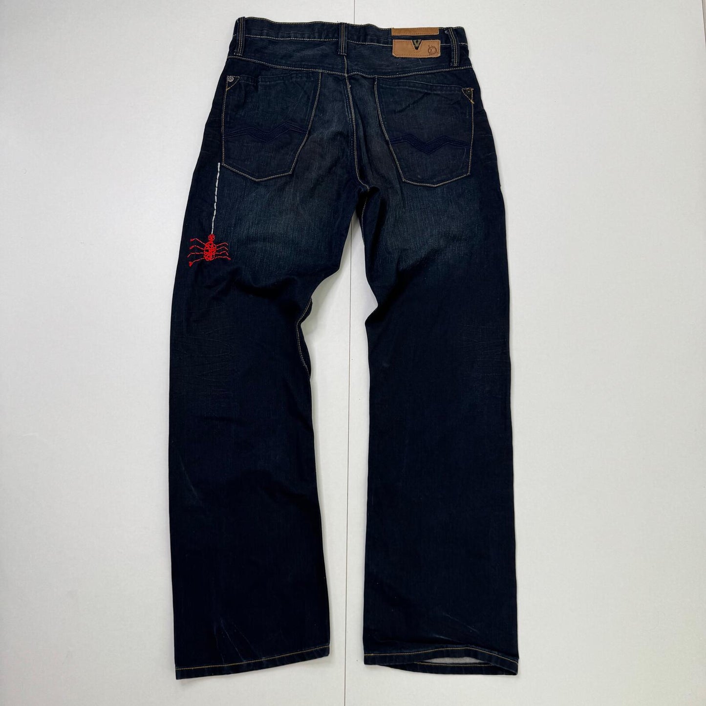 Y2K vintage bootcut jeans men's dark blue faded denim spider web embroidered