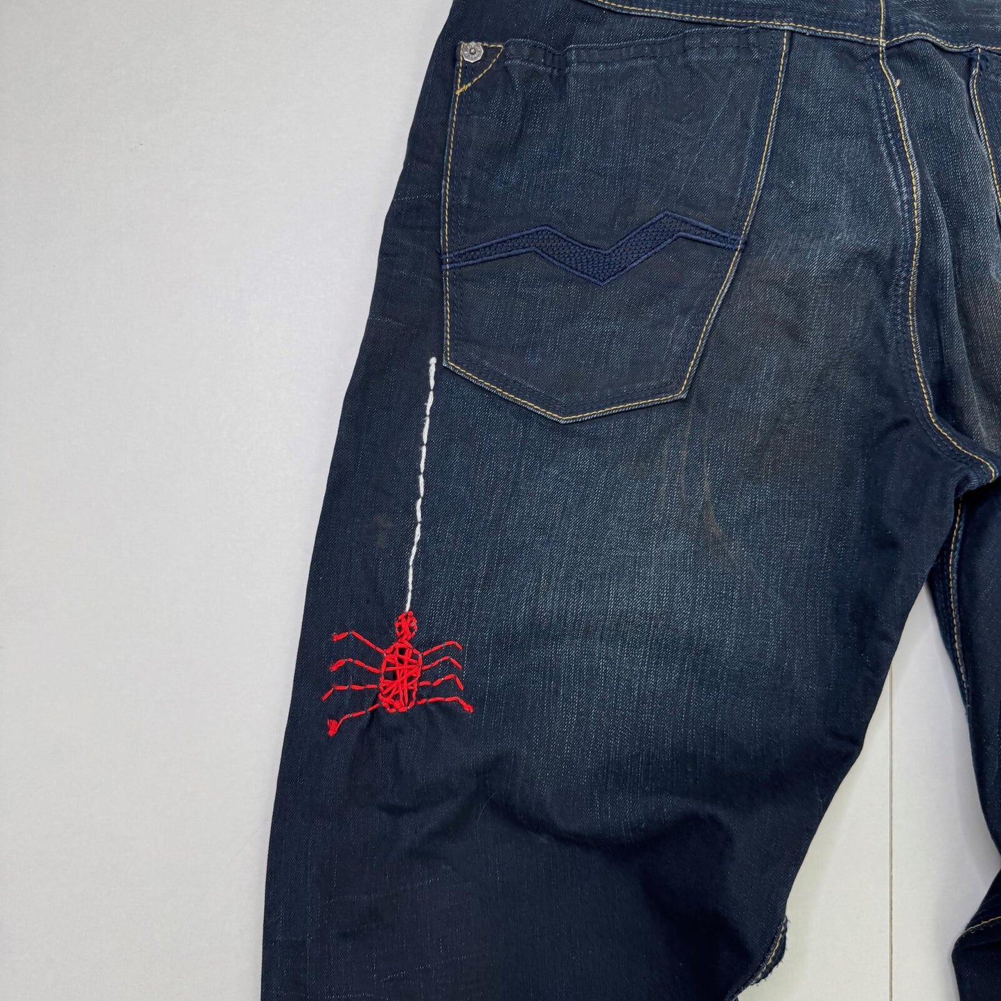 Y2K vintage bootcut jeans men's dark blue faded denim spider web embroidered