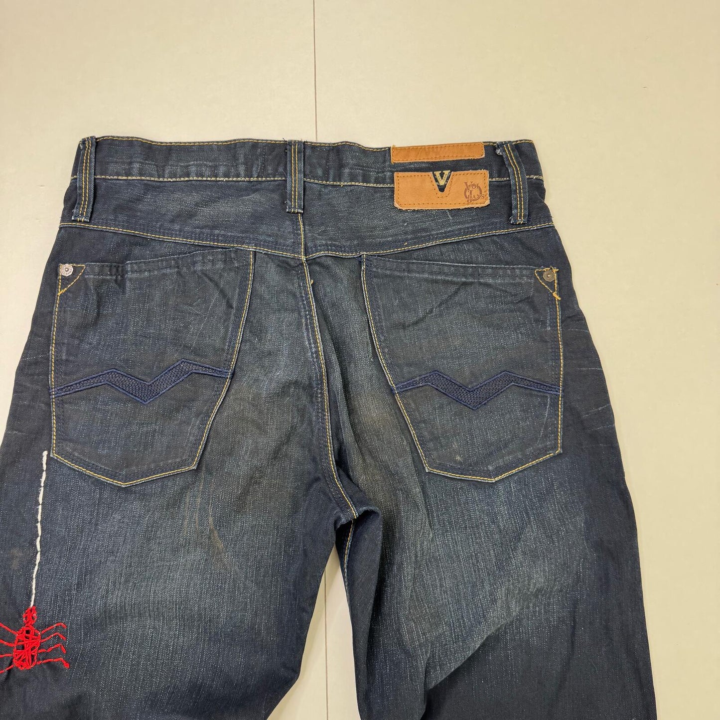 Y2K vintage bootcut jeans men's dark blue faded denim spider web embroidered