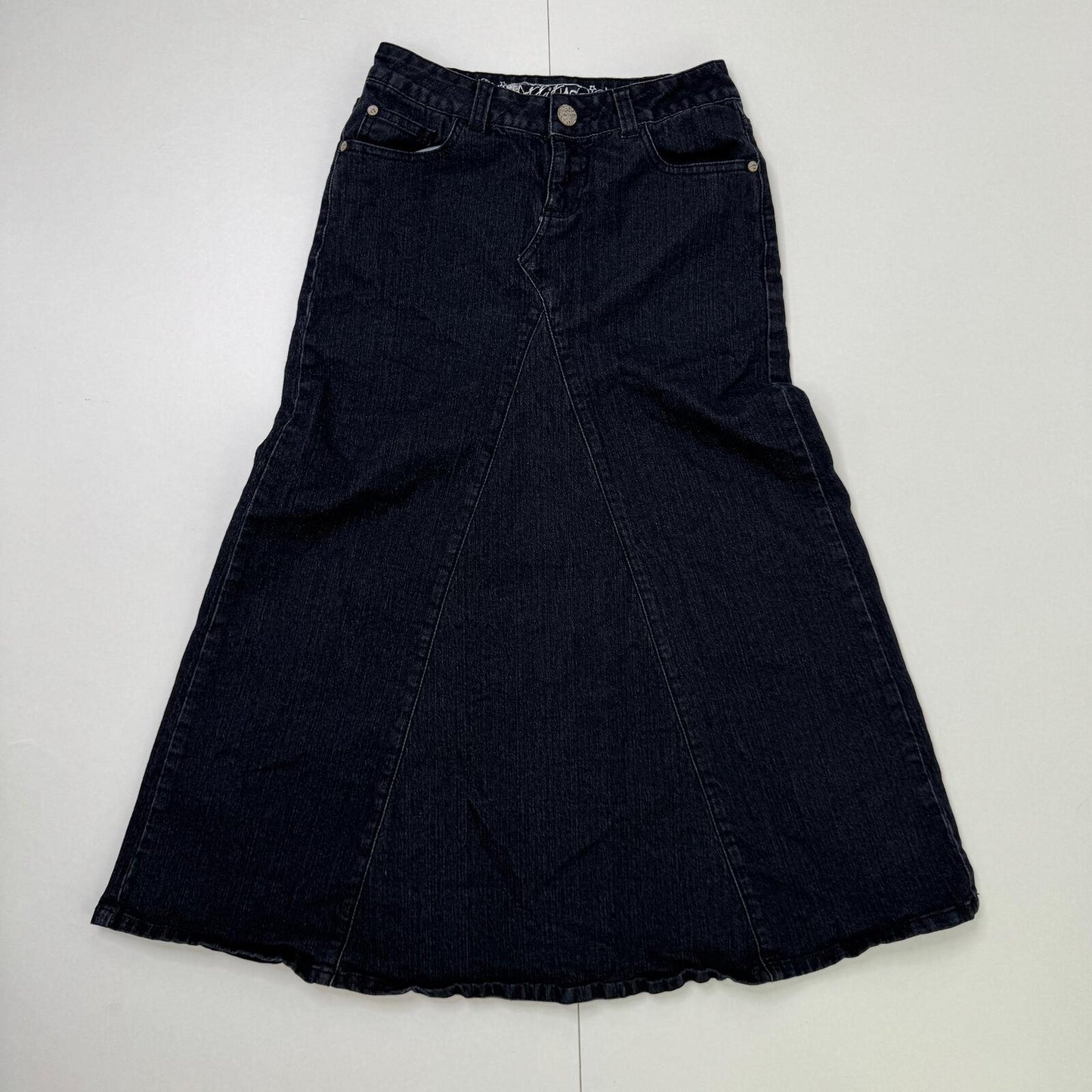 Y2K vintage maxi skirt stretchy faded black denim wash a lin long full length