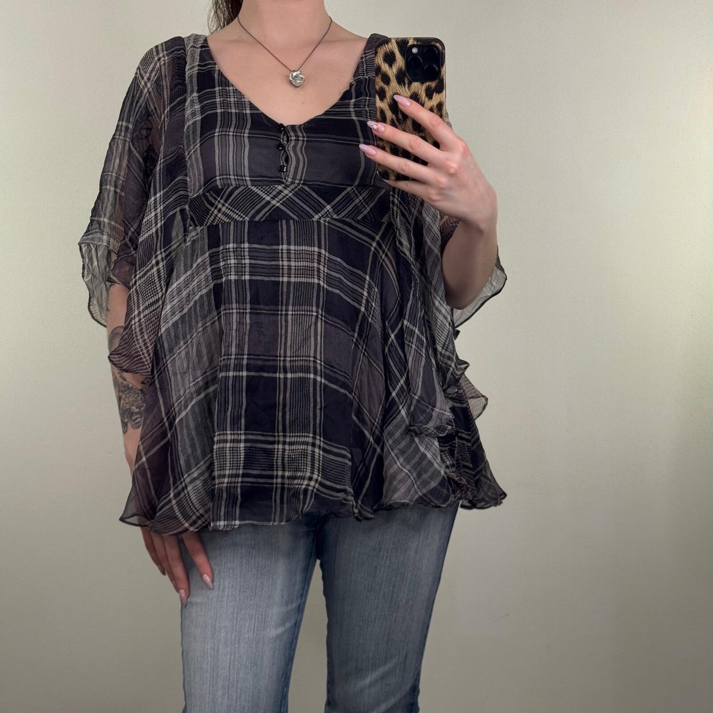 Y2K vintage blouse tartan flare sheer half sleeve v neck flowy check print