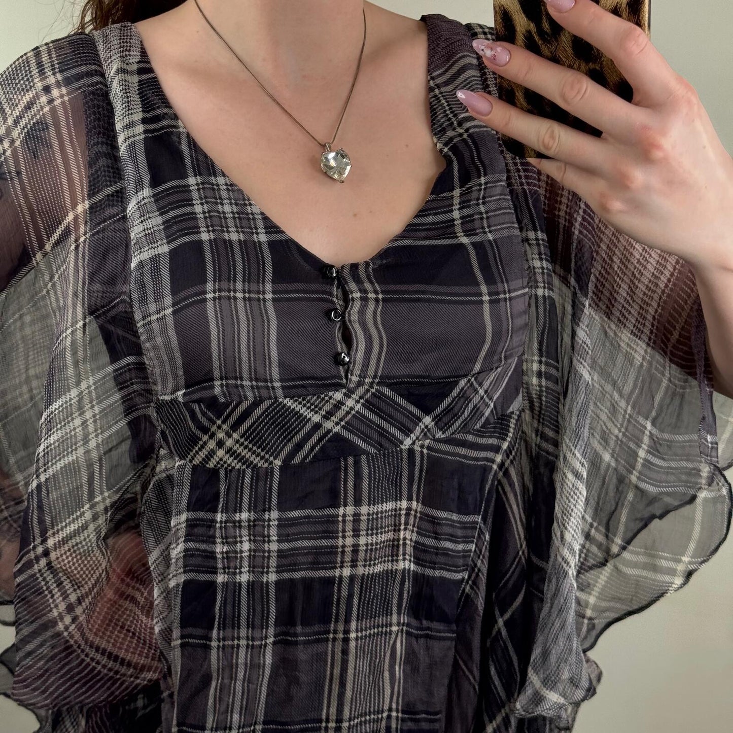 Y2K vintage blouse tartan flare sheer half sleeve v neck flowy check print