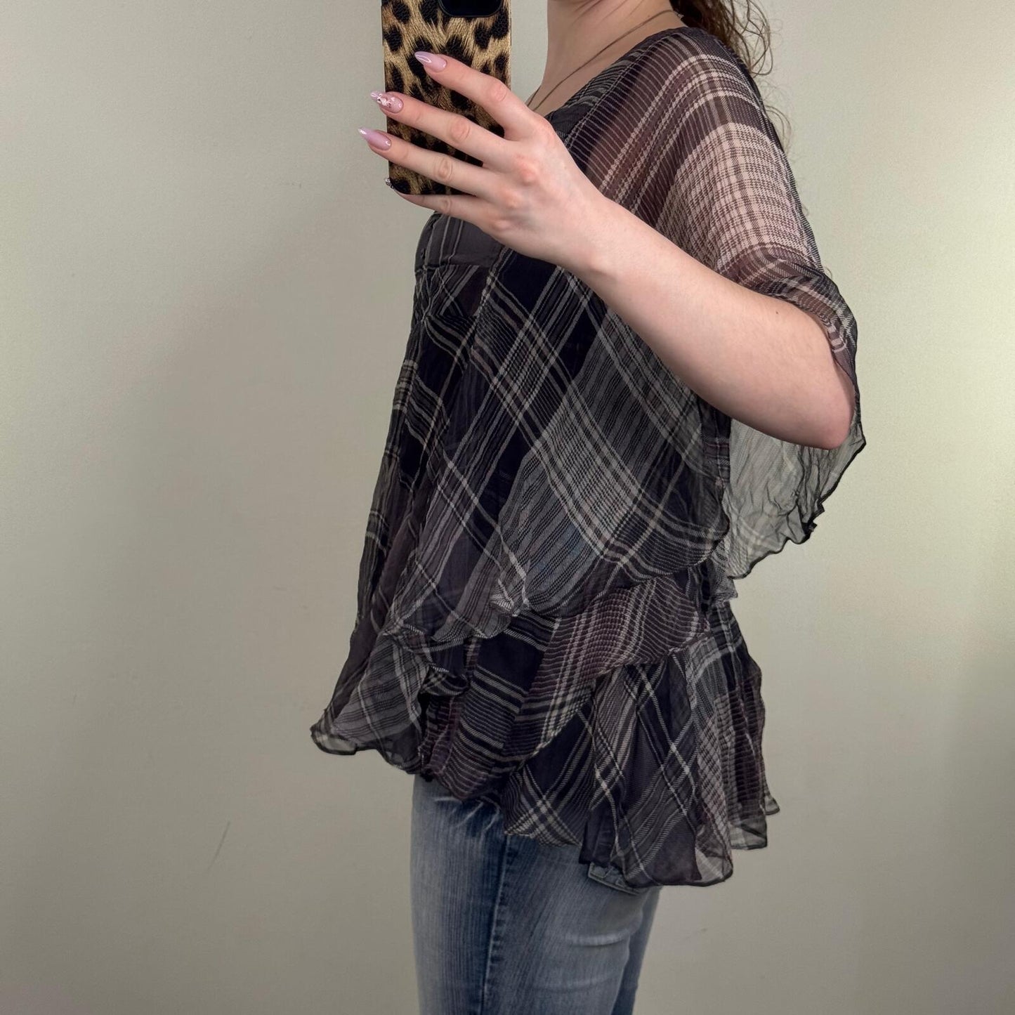 Y2K vintage blouse tartan flare sheer half sleeve v neck flowy check print