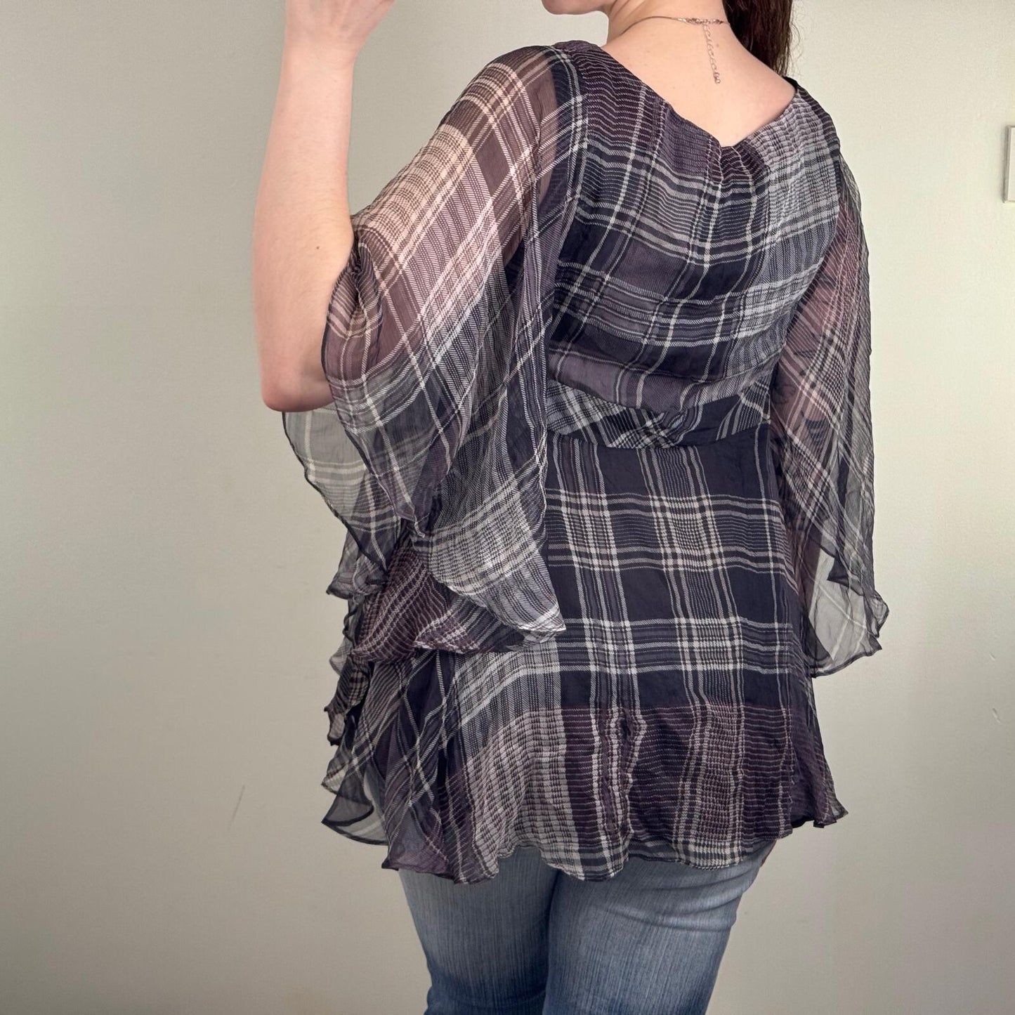 Y2K vintage blouse tartan flare sheer half sleeve v neck flowy check print