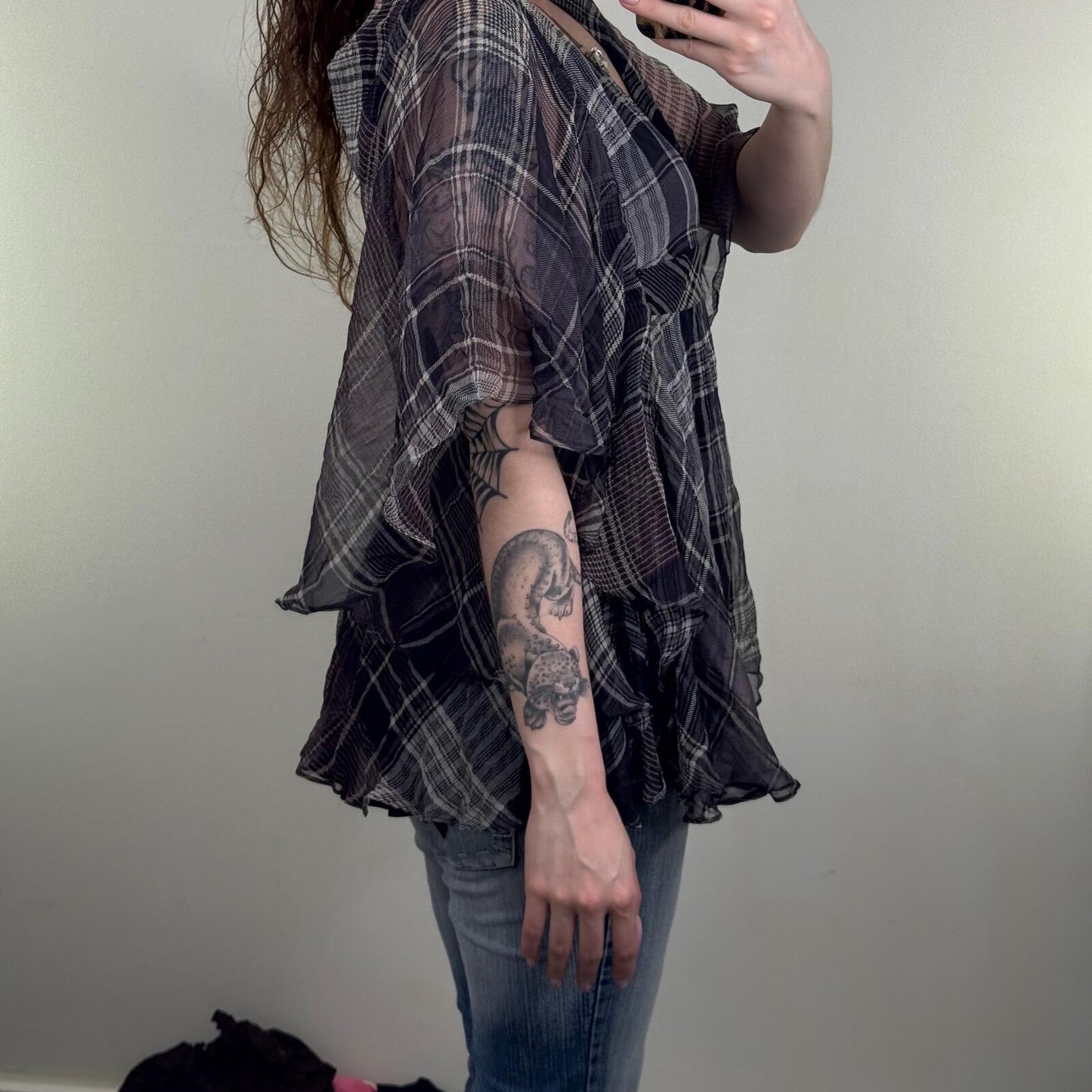 Y2K vintage blouse tartan flare sheer half sleeve v neck flowy check print