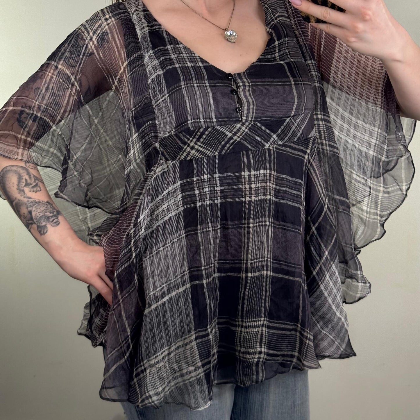 Y2K vintage blouse tartan flare sheer half sleeve v neck flowy check print
