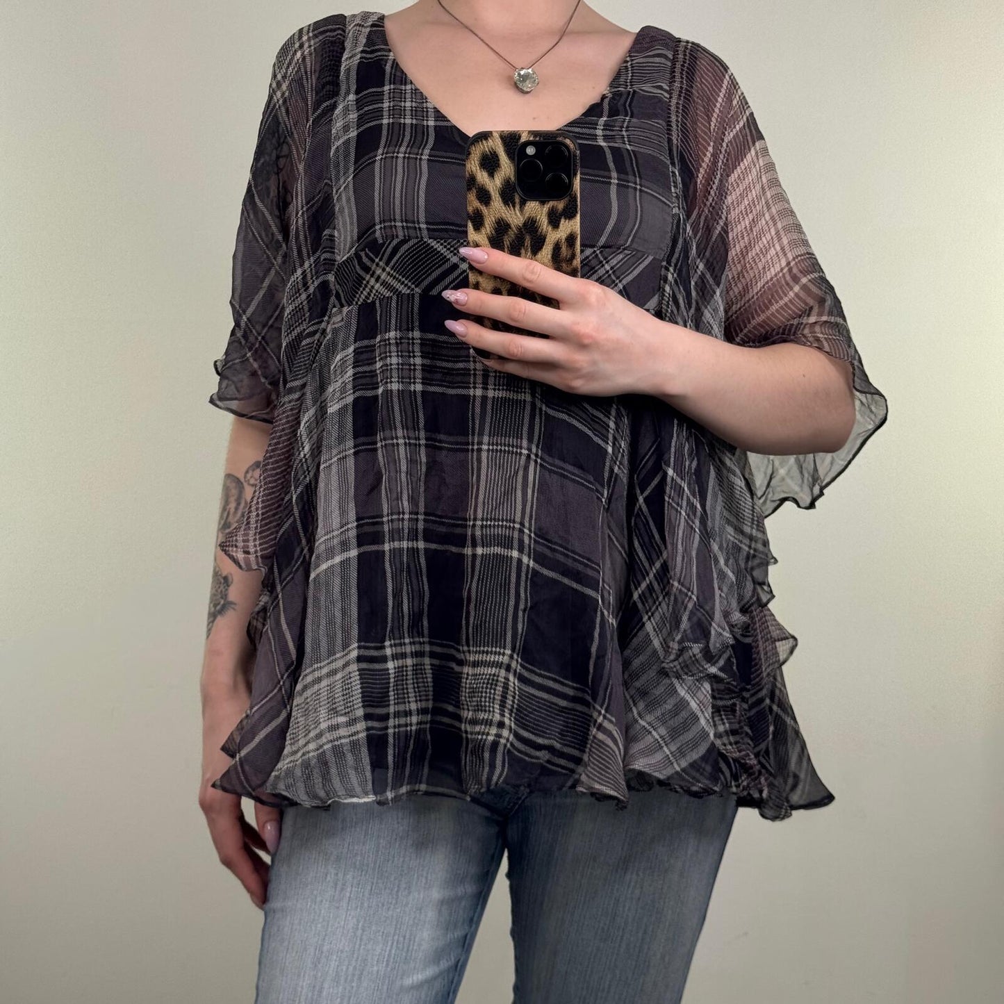 Y2K vintage blouse tartan flare sheer half sleeve v neck flowy check print