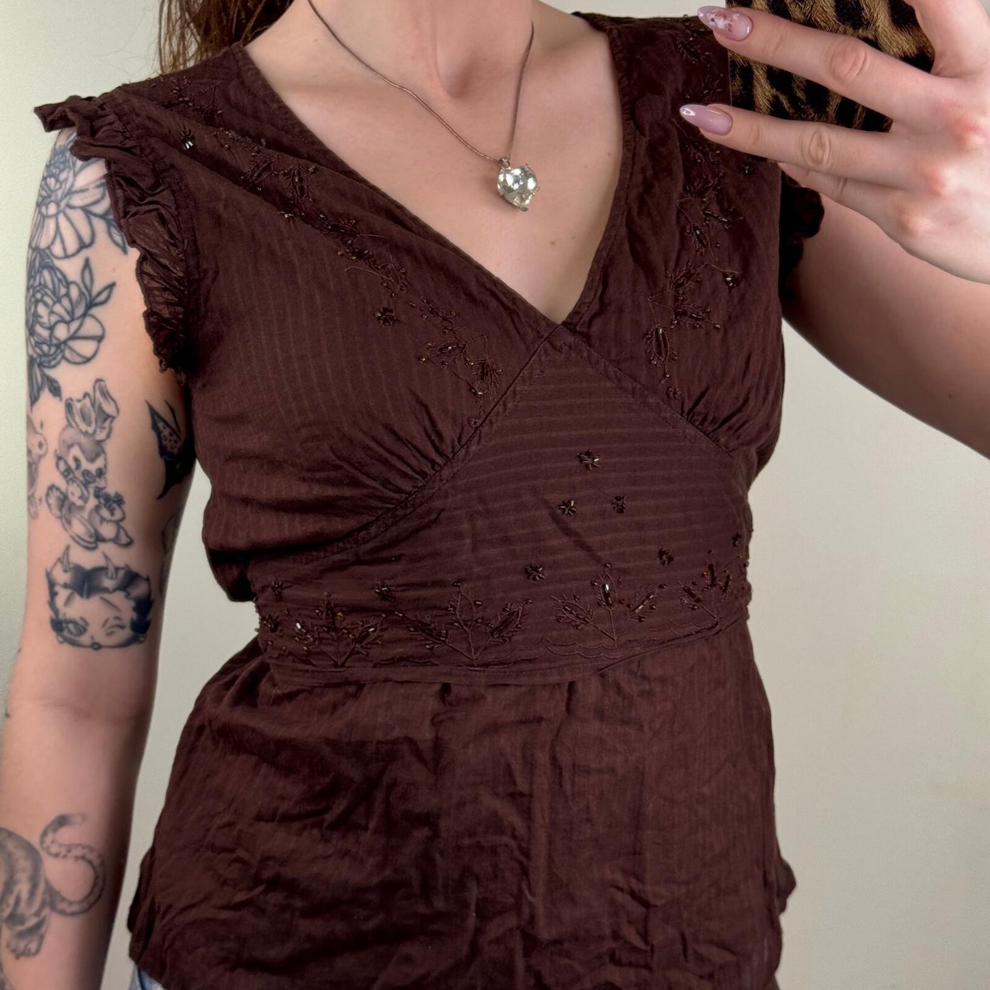 Y2K vintage blouse sleeveless pinstripe beaded embroidered tie back bow v neck