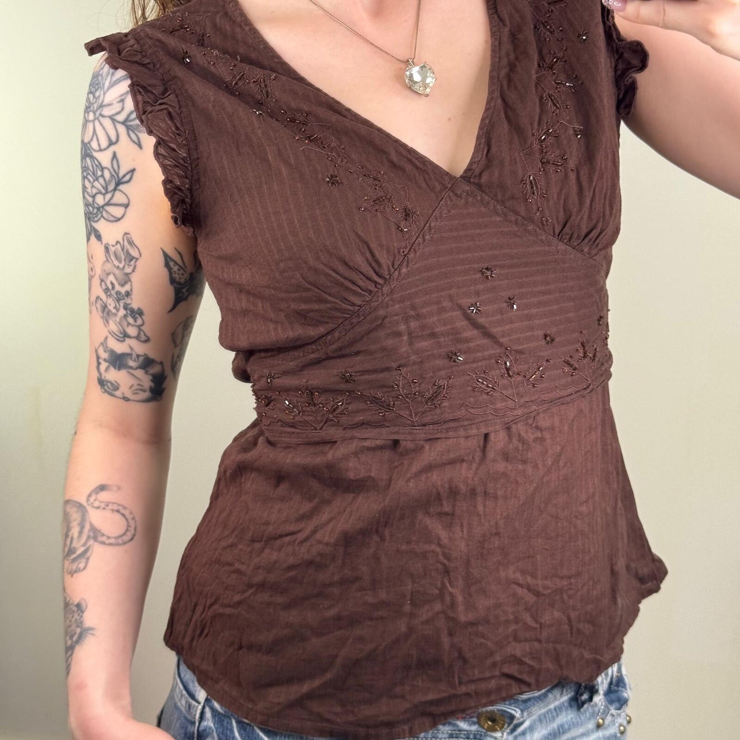 Y2K vintage blouse sleeveless pinstripe beaded embroidered tie back bow v neck