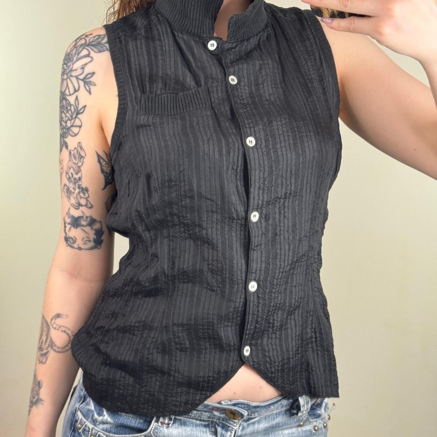 Vintage Wendy Dagworthy blouse 100% silk pinstripe button up ribbed front pocket