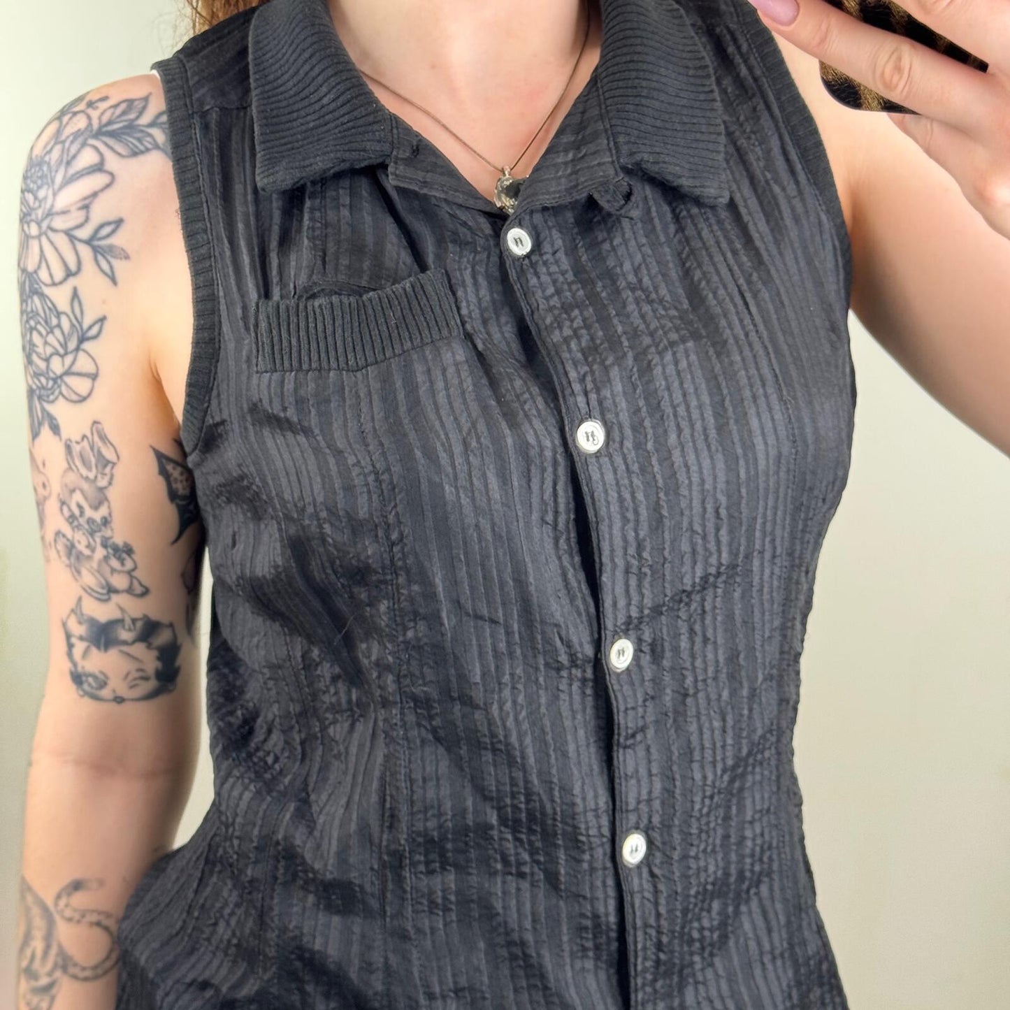 Vintage Wendy Dagworthy blouse 100% silk pinstripe button up ribbed front pocket