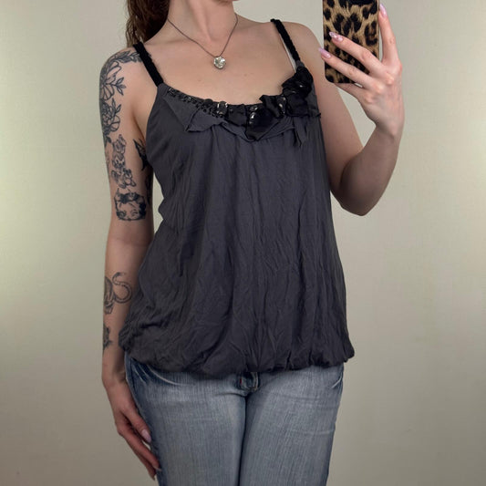Y2K vintage cami top peplum baggy rhinestone mesh strappy ruffle grey stretchy
