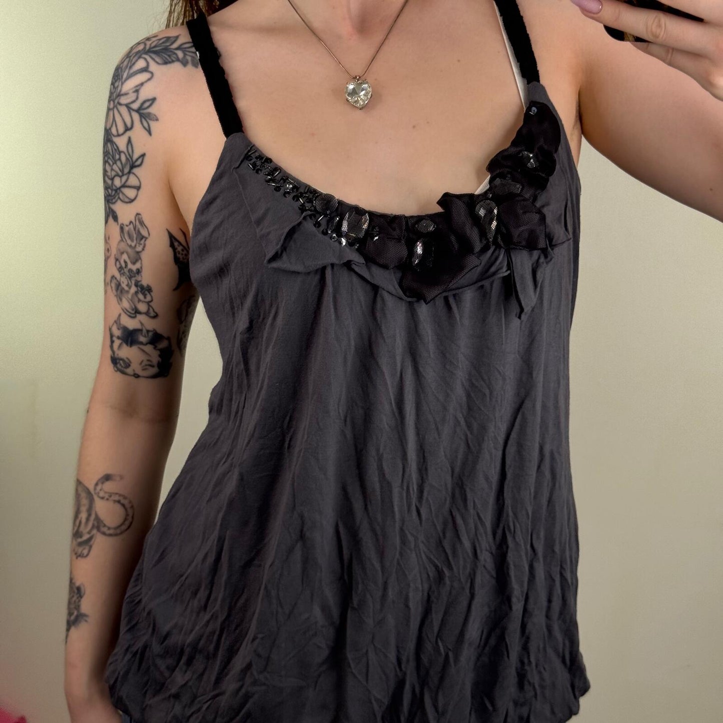 Y2K vintage cami top peplum baggy rhinestone mesh strappy ruffle grey stretchy