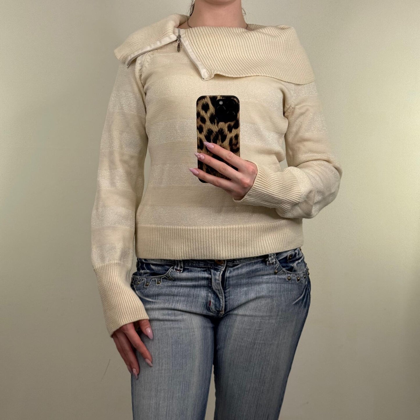 Y2K vintage Karen Millen jumper wool stripe sparkly off the shoulder zip knit