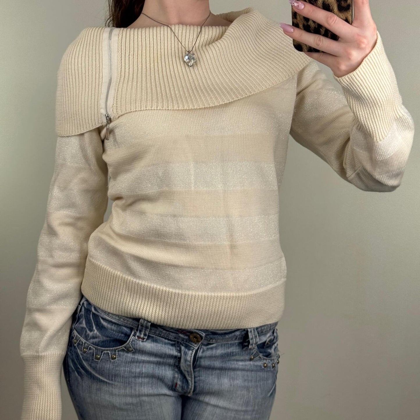 Y2K vintage Karen Millen jumper wool stripe sparkly off the shoulder zip knit