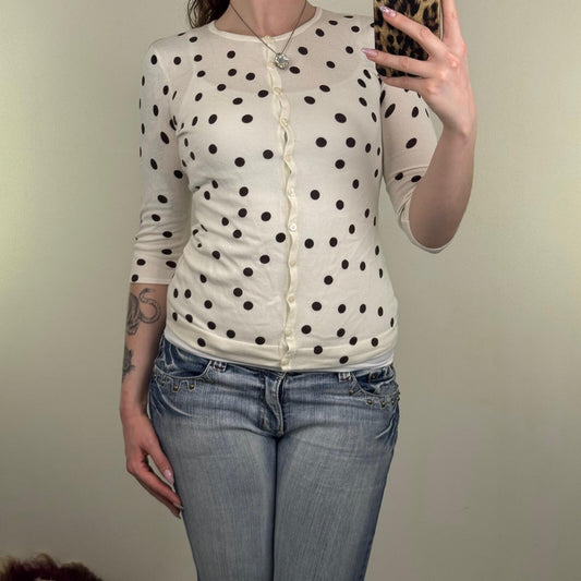 Y2K vintage cardigan polka dot button up fine knit fitted 3/4 sleeve spots white