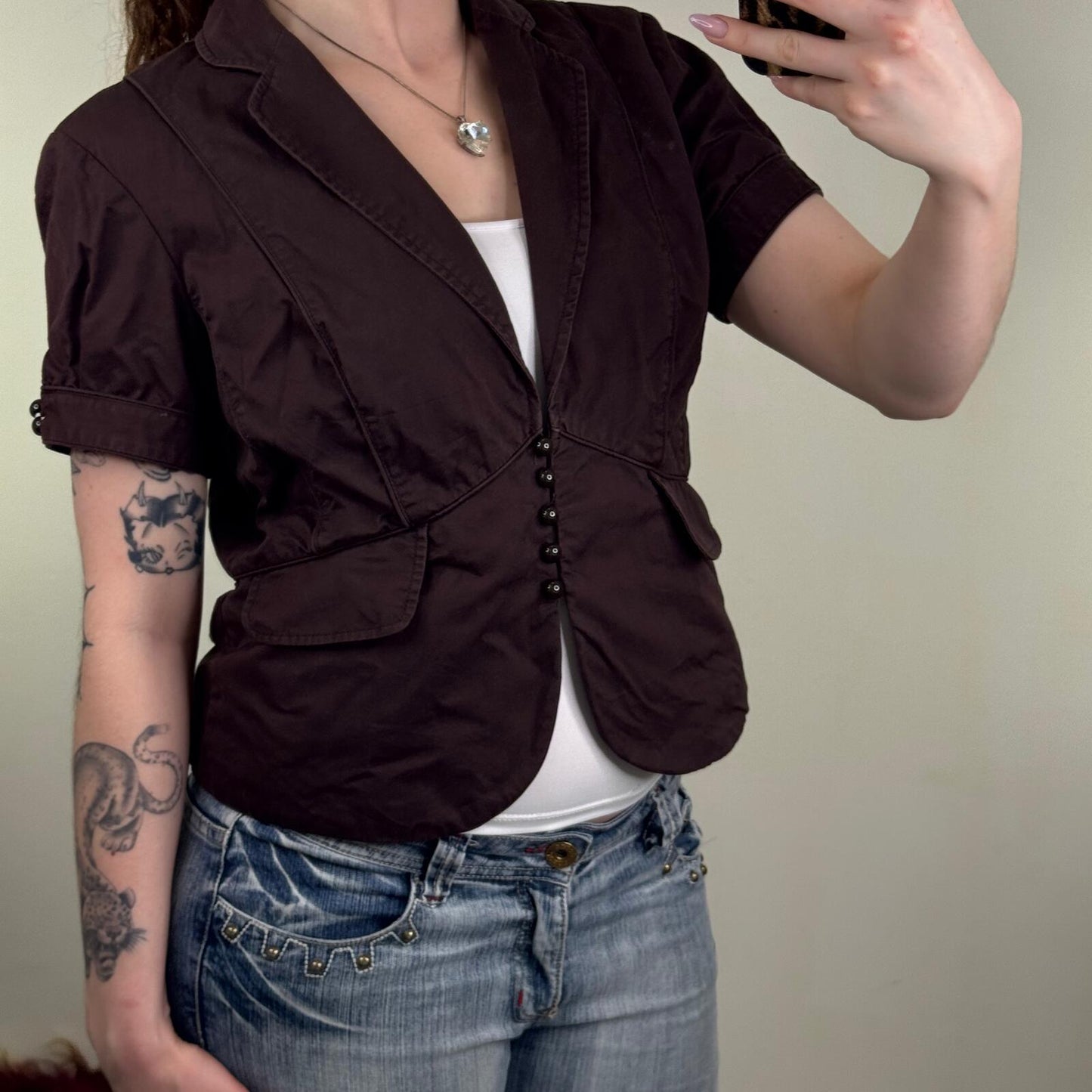 Y2K vintage short sleeve jacket v neck button up fitted blazer brown tailored