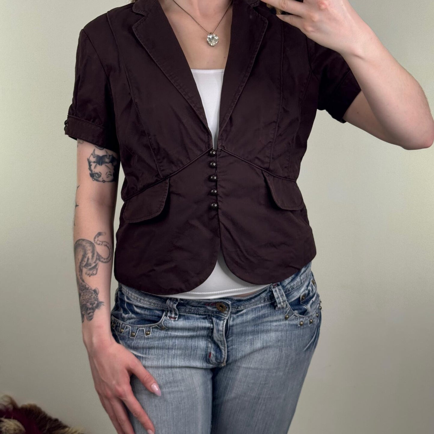 Y2K vintage short sleeve jacket v neck button up fitted blazer brown tailored