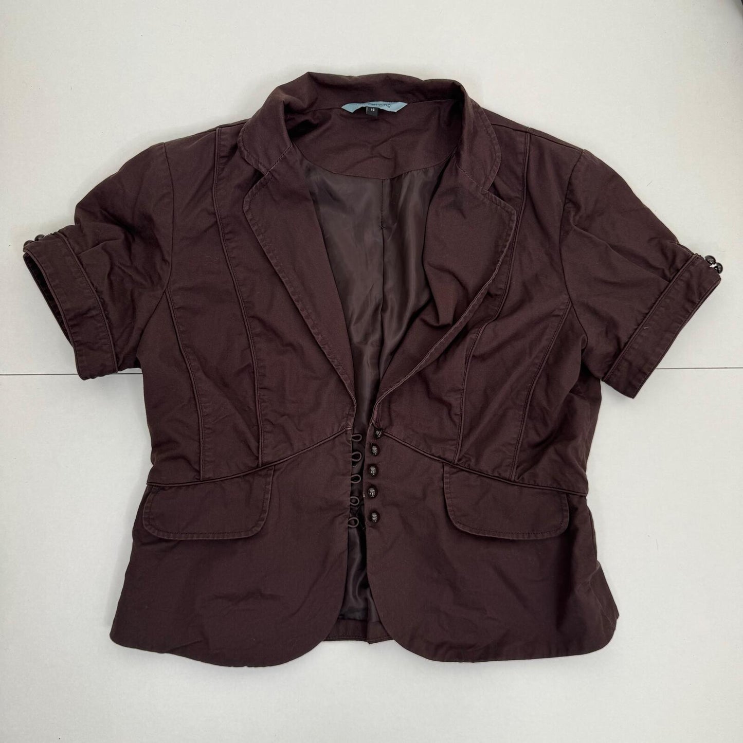 Y2K vintage short sleeve jacket v neck button up fitted blazer brown tailored