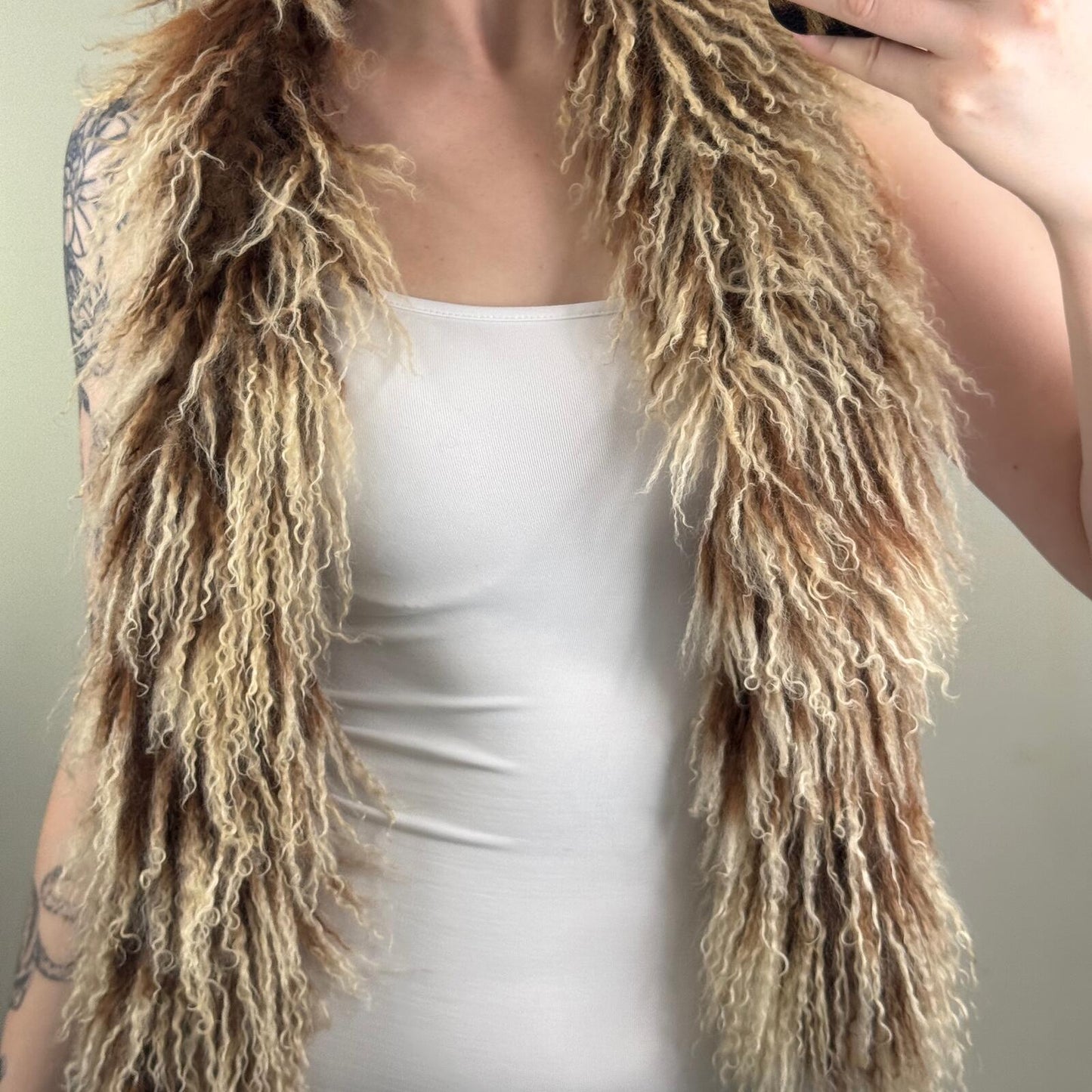Y2K vintage mongolian fur scarf wool brown cream two tone shaggy