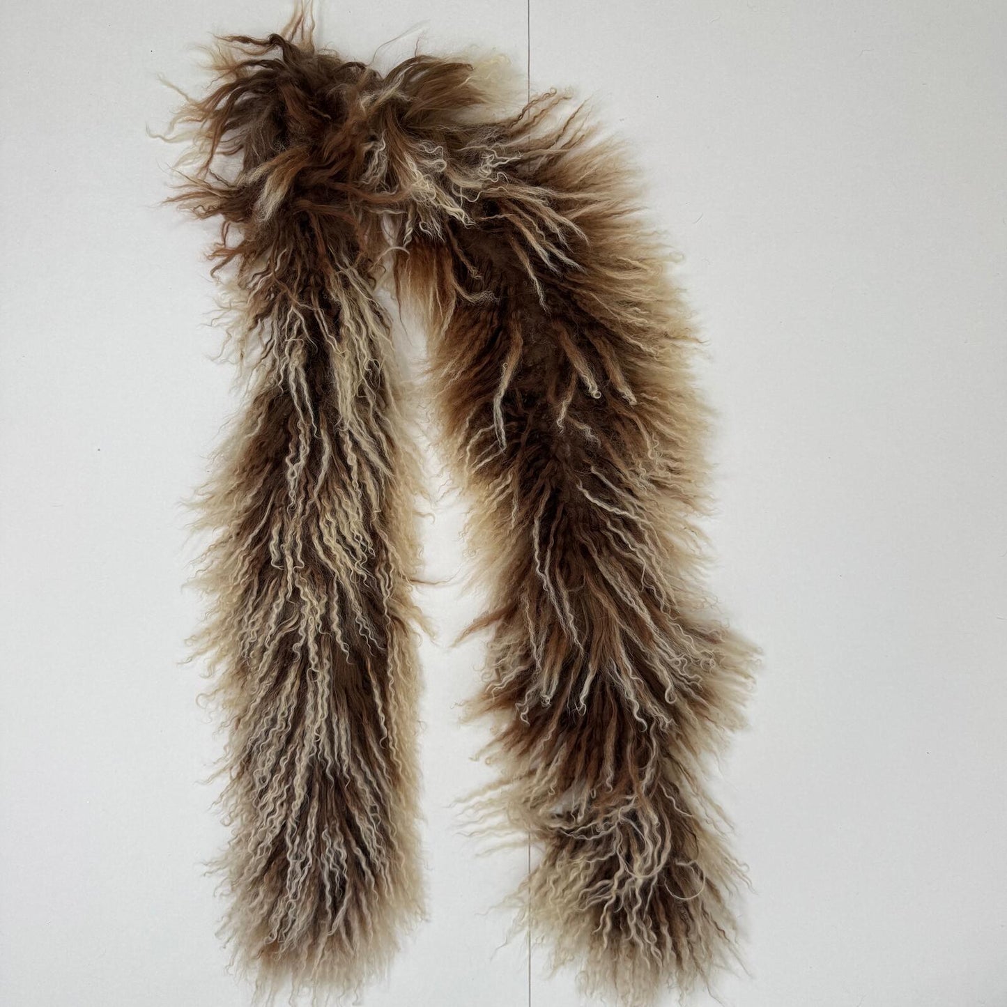 Y2K vintage mongolian fur scarf wool brown cream two tone shaggy