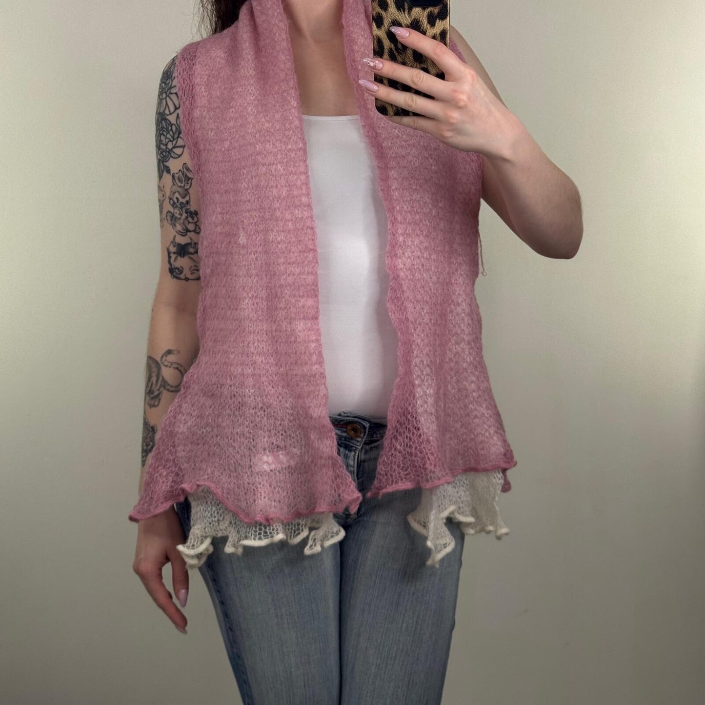 Y2K vintage scarf mohair blend pink white two tone fine knit sheer