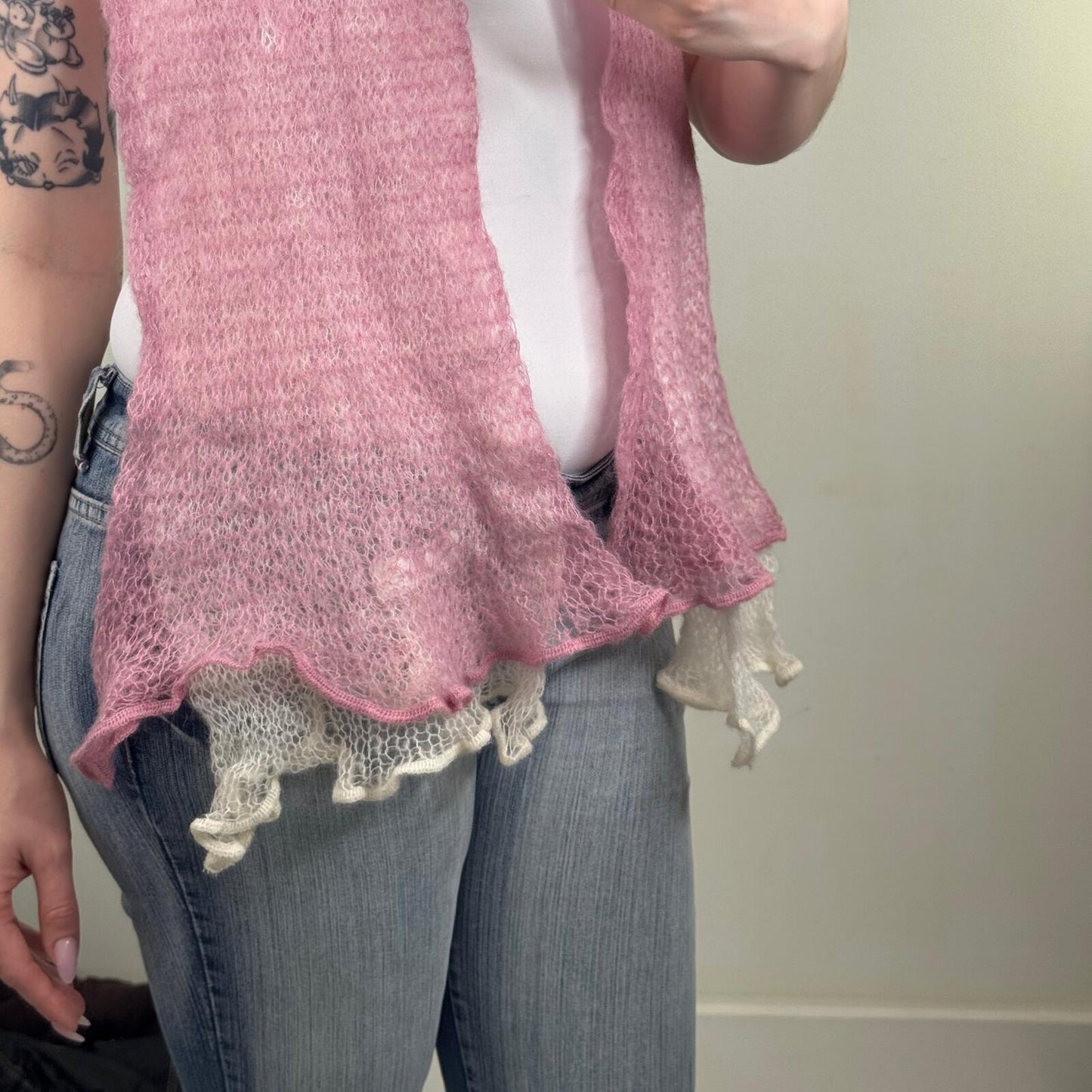 Y2K vintage scarf mohair blend pink white two tone fine knit sheer
