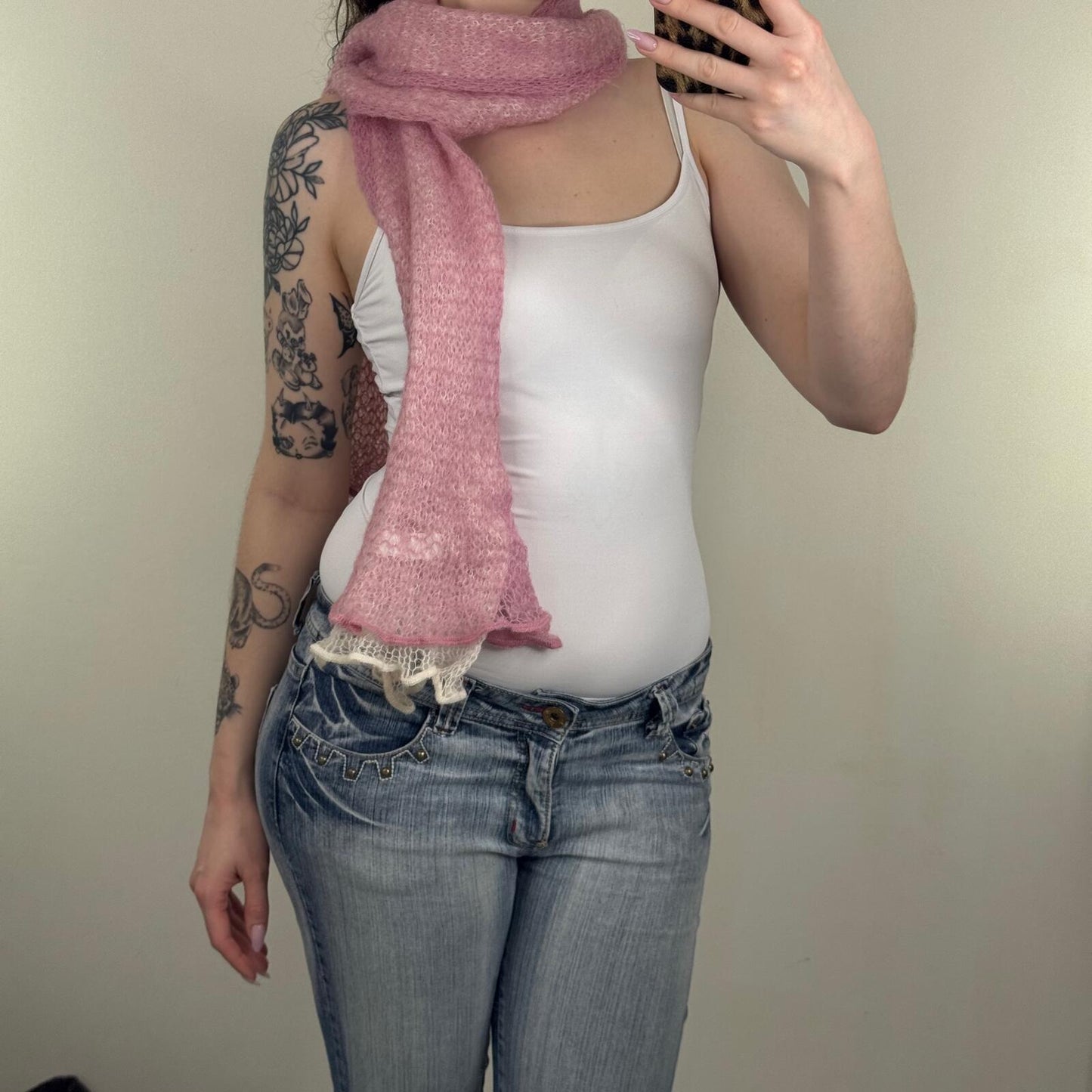 Y2K vintage scarf mohair blend pink white two tone fine knit sheer