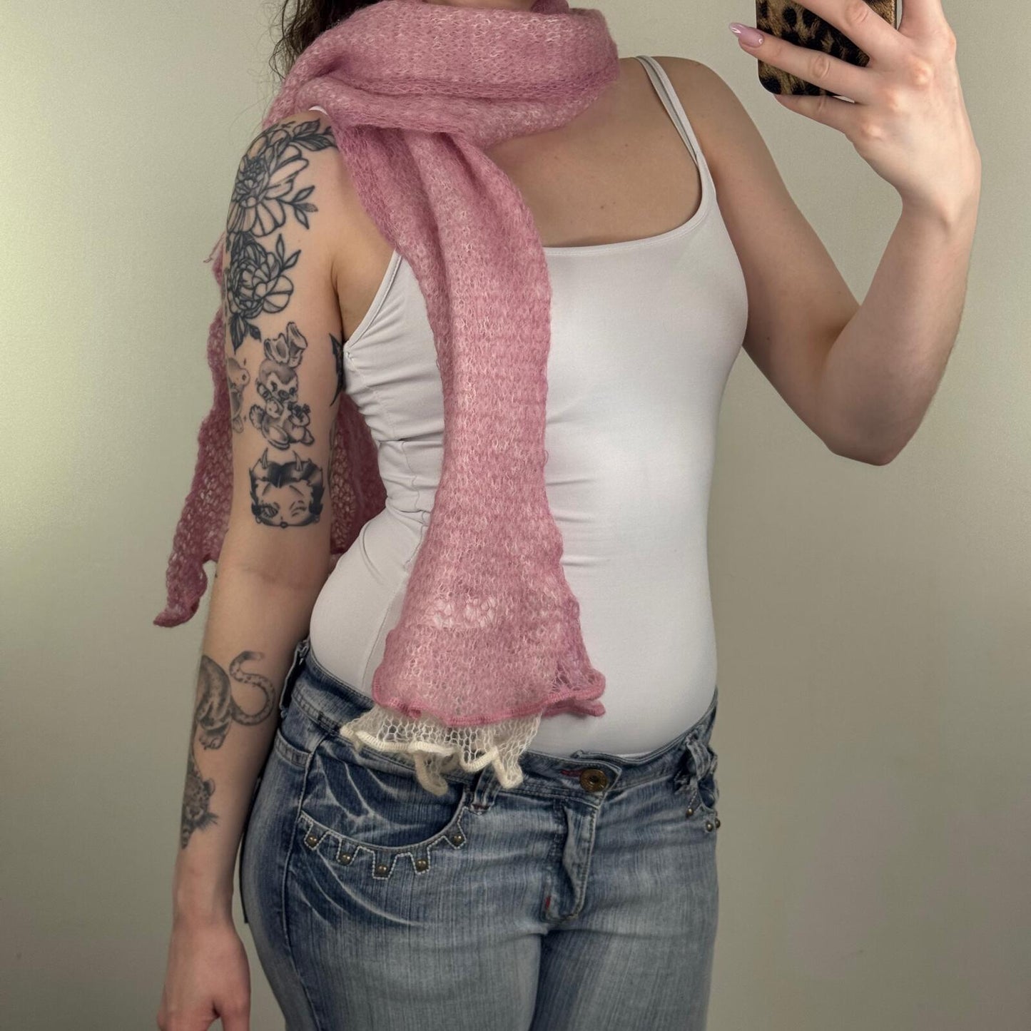 Y2K vintage scarf mohair blend pink white two tone fine knit sheer