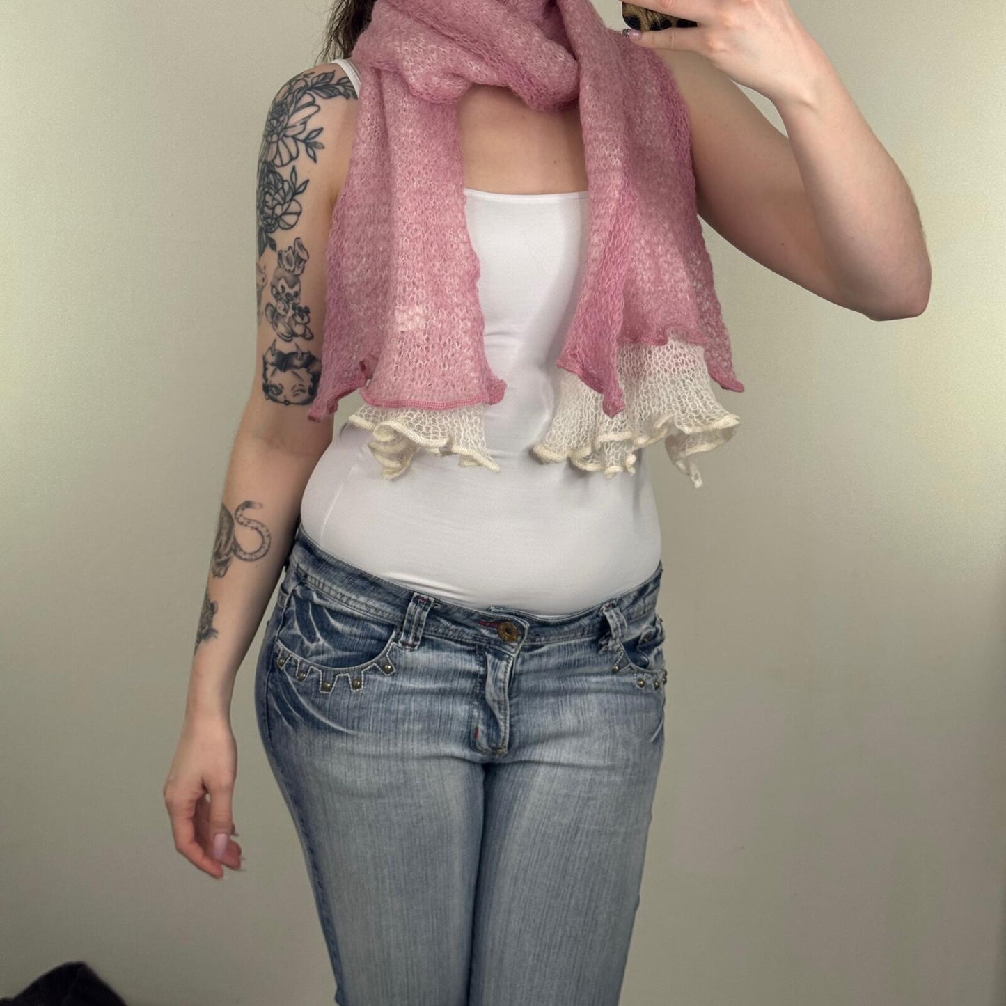 Y2K vintage scarf mohair blend pink white two tone fine knit sheer