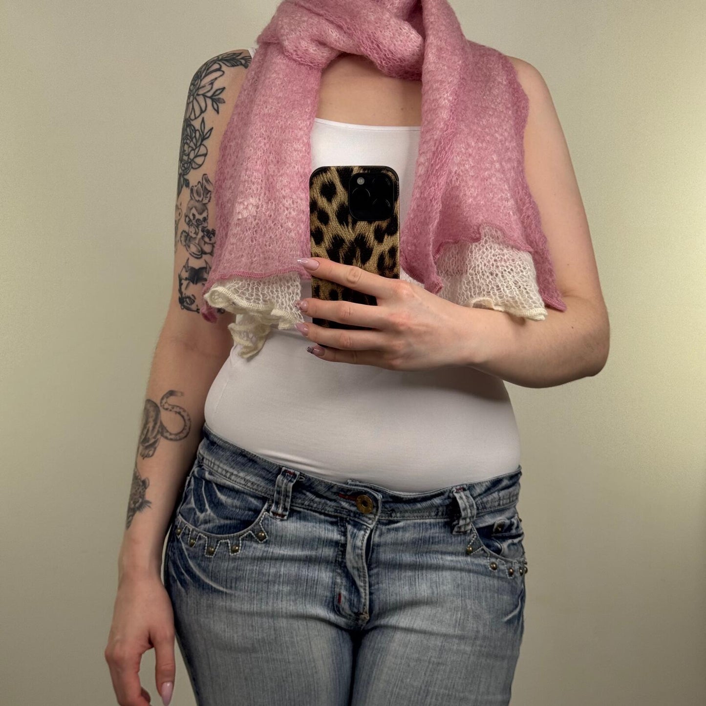 Y2K vintage scarf mohair blend pink white two tone fine knit sheer