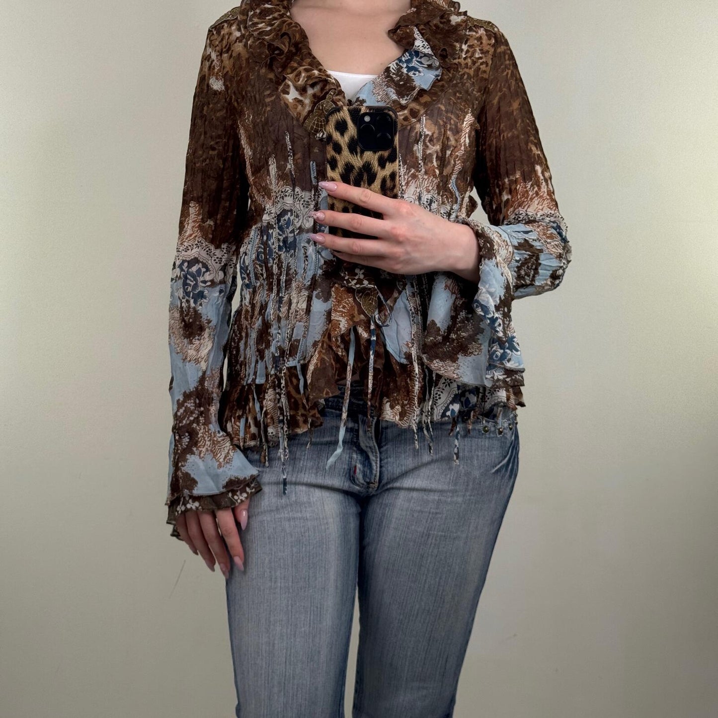 Y2K vintage blouse long sleeve flare frilly ruffle leopard print floral v neck